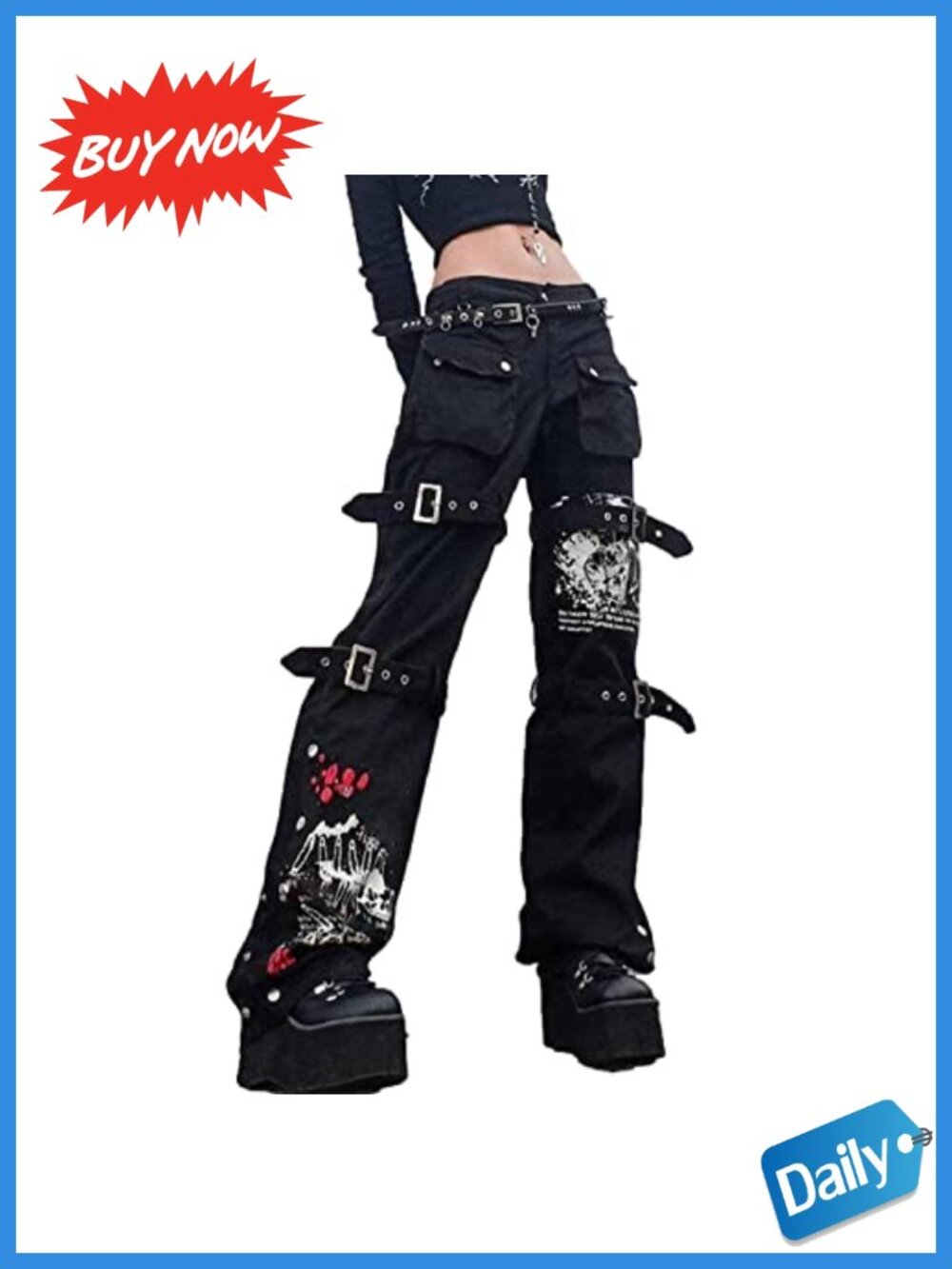 Gothic Cargo Pants Low Rise Wide Leg Baggy Streetwear Women